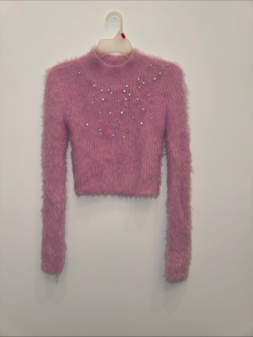 Zara Pink Fuzzy Jeweled Cropped Sweater